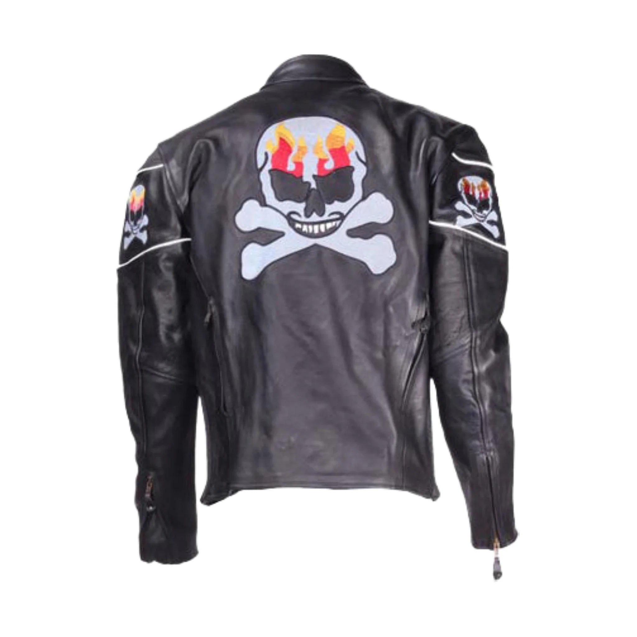 Mens Motorcycle Leather Jacket With Skulls Reflective Stripes Zipout Lining