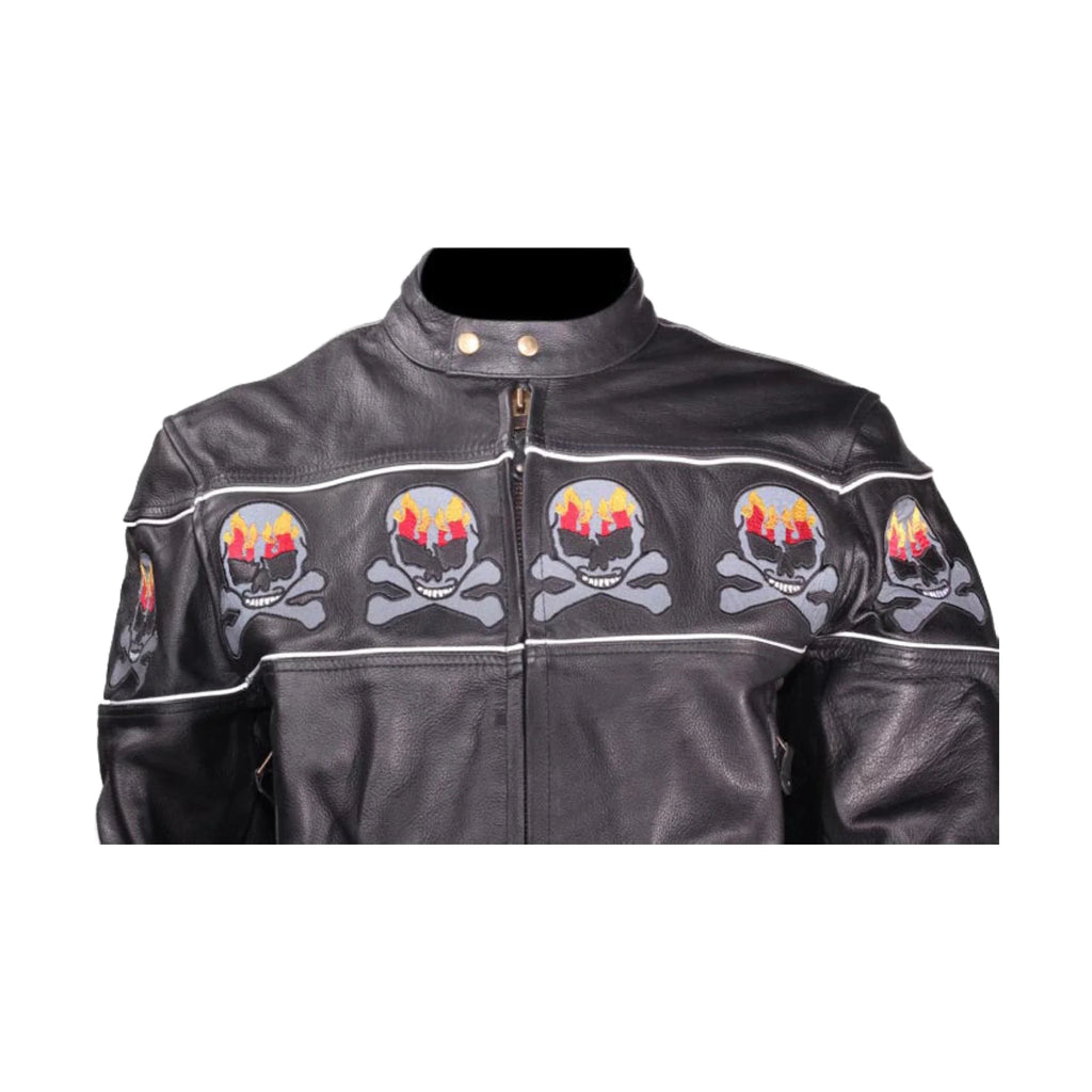 Mens Motorcycle Leather Jacket With Skulls Reflective Stripes Zipout Lining