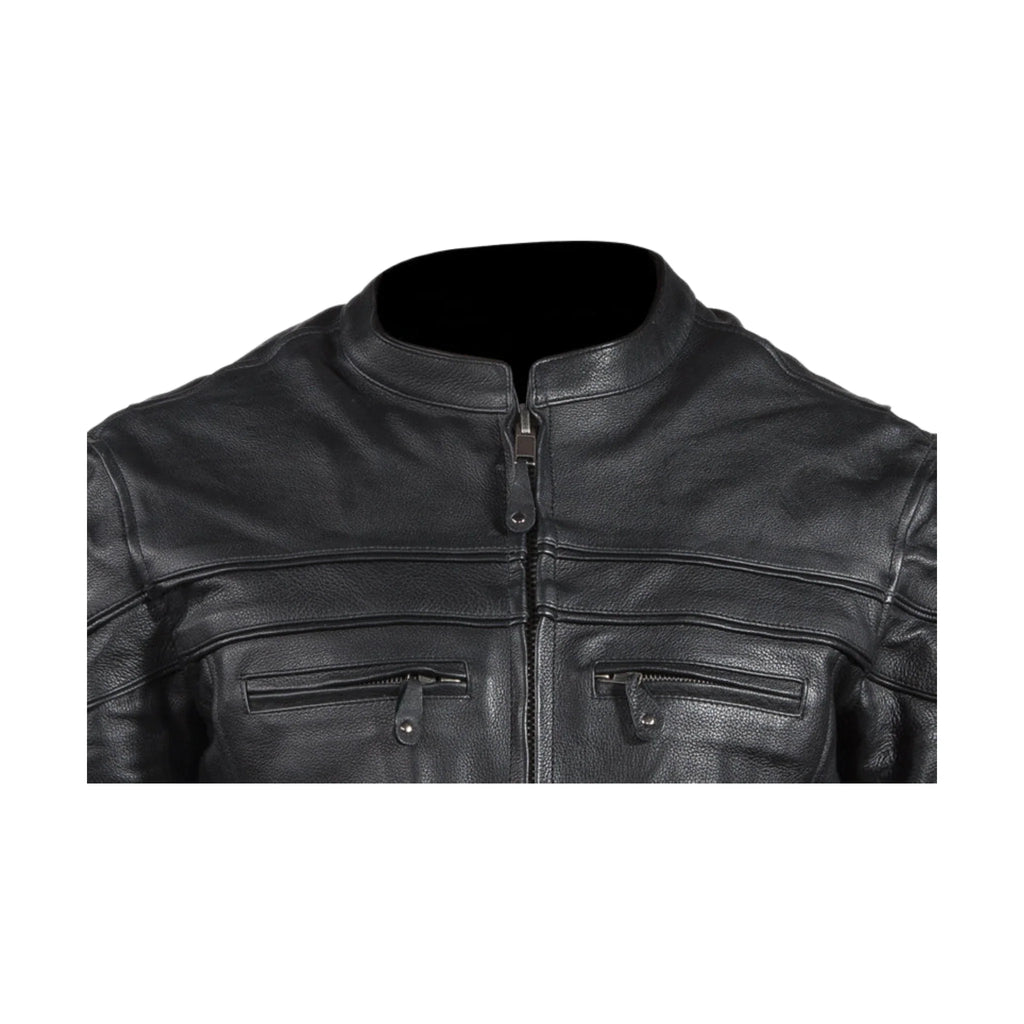 Mens Racer Jacket Cowhide Leather Multi Pockets Zippered Cuffs Air Vents