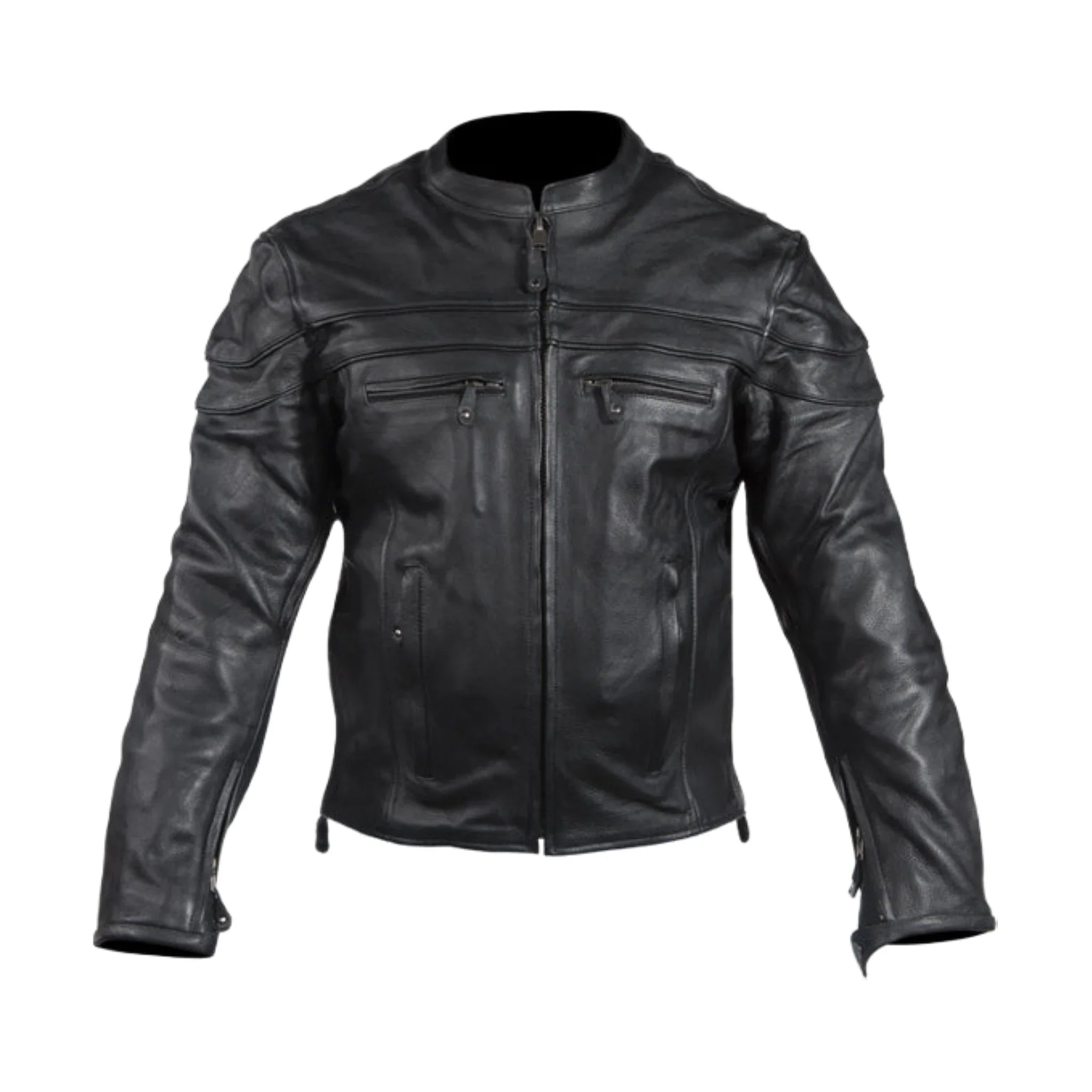Mens Racer Jacket Cowhide Leather Multi Pockets Zippered Cuffs Air Vents