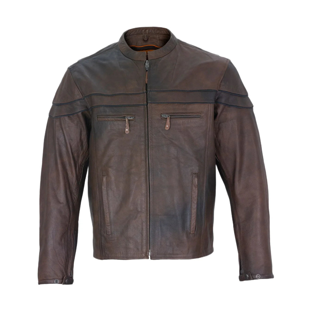Men's Brown Naked Cowhide Leather Jacket Racing Style Reflective Piping Ventilat
