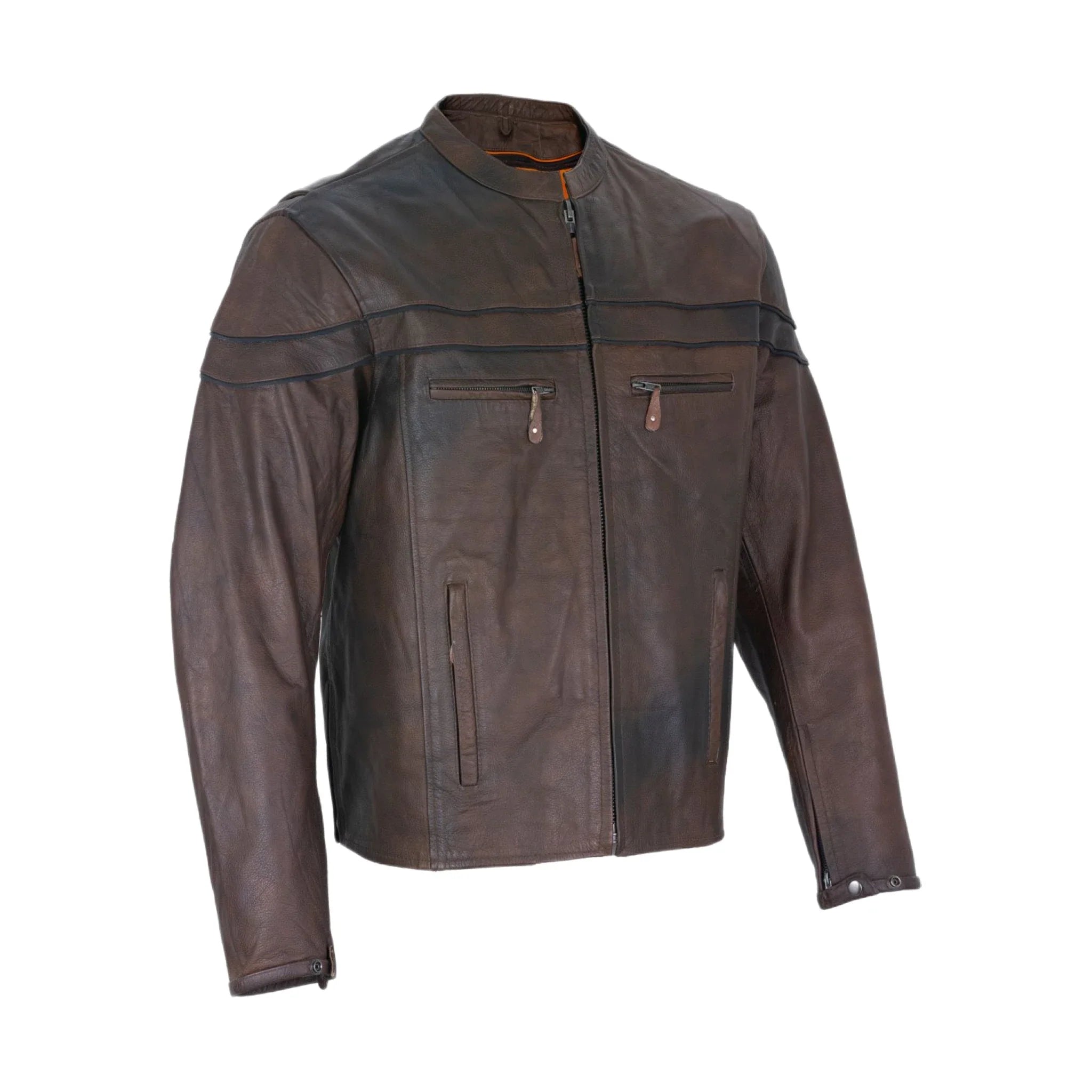 Men's Brown Naked Cowhide Leather Jacket Racing Style Reflective Piping Ventilated