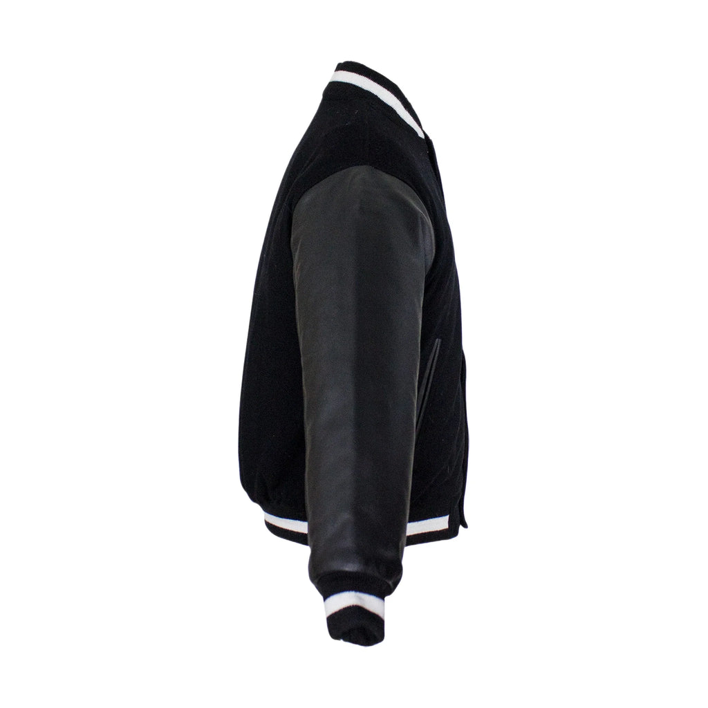 Men's Varsity Baseball Jacket Dream Apparel Black White Wool Leather Sleeves
