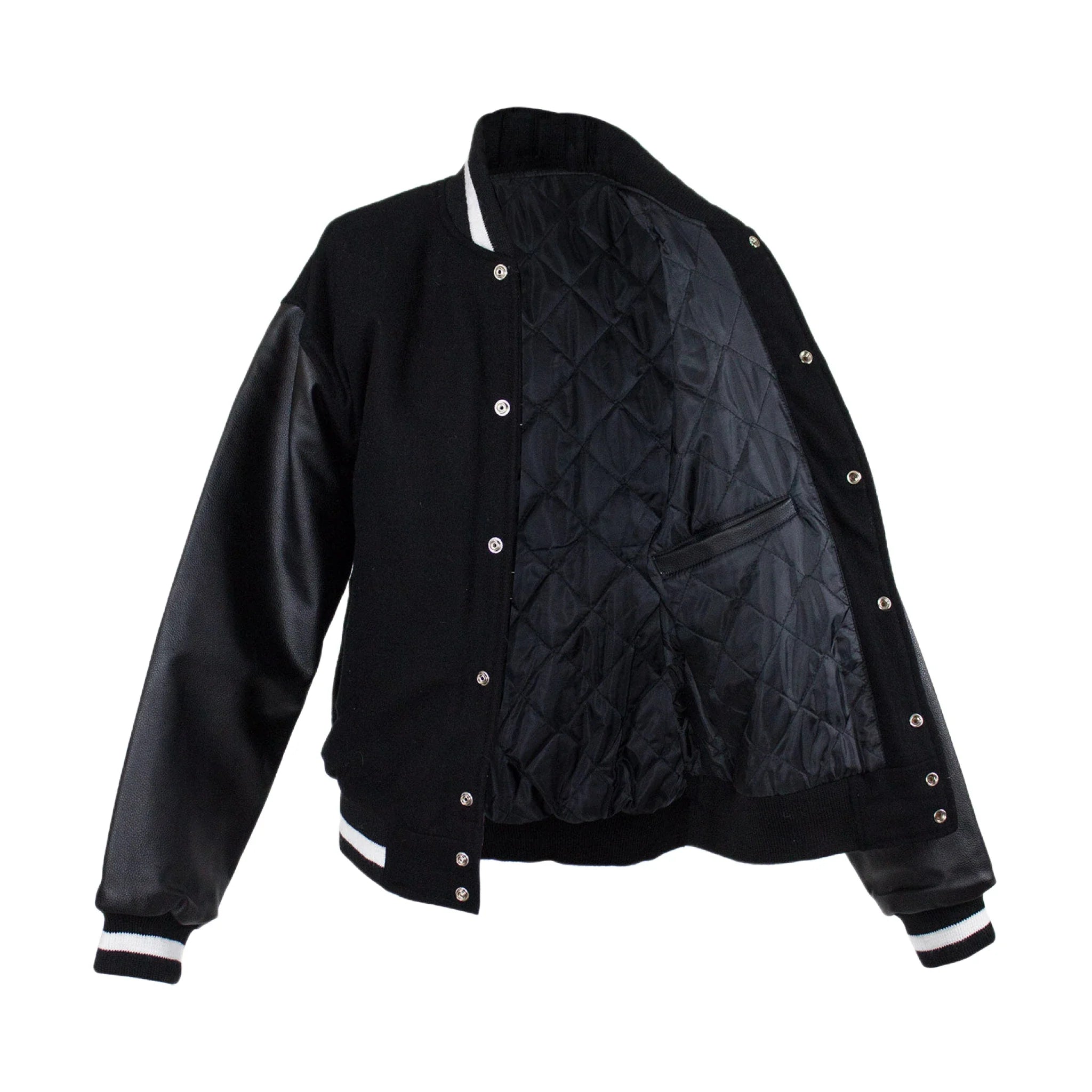 Men's Varsity Baseball Jacket Dream Apparel Black White Wool Leather Sleeves