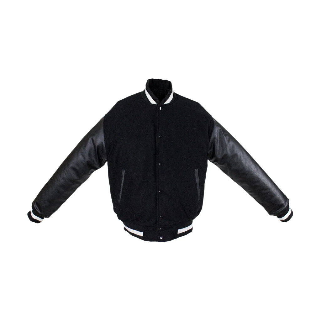 Men's Varsity Baseball Jacket Dream Apparel Black White Wool Leather Sleeves