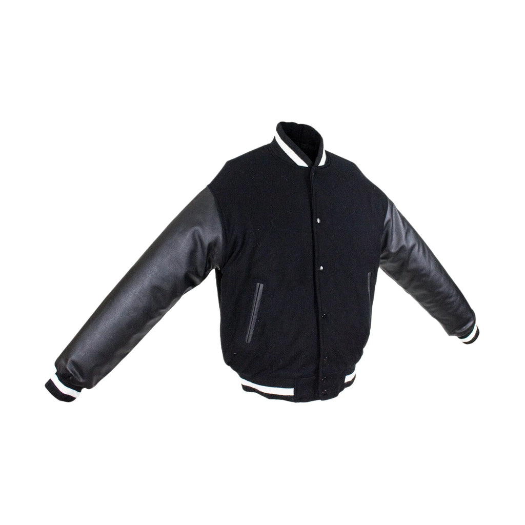 Men's Varsity Baseball Jacket Dream Apparel Black White Wool Leather Sleeves