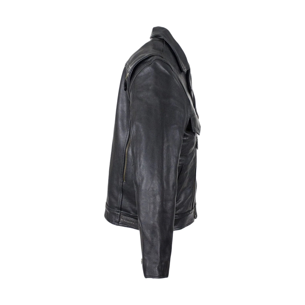 Mens Leather Racing Style Motorcycle Jacket Cowhide Snap Collar Adjustable