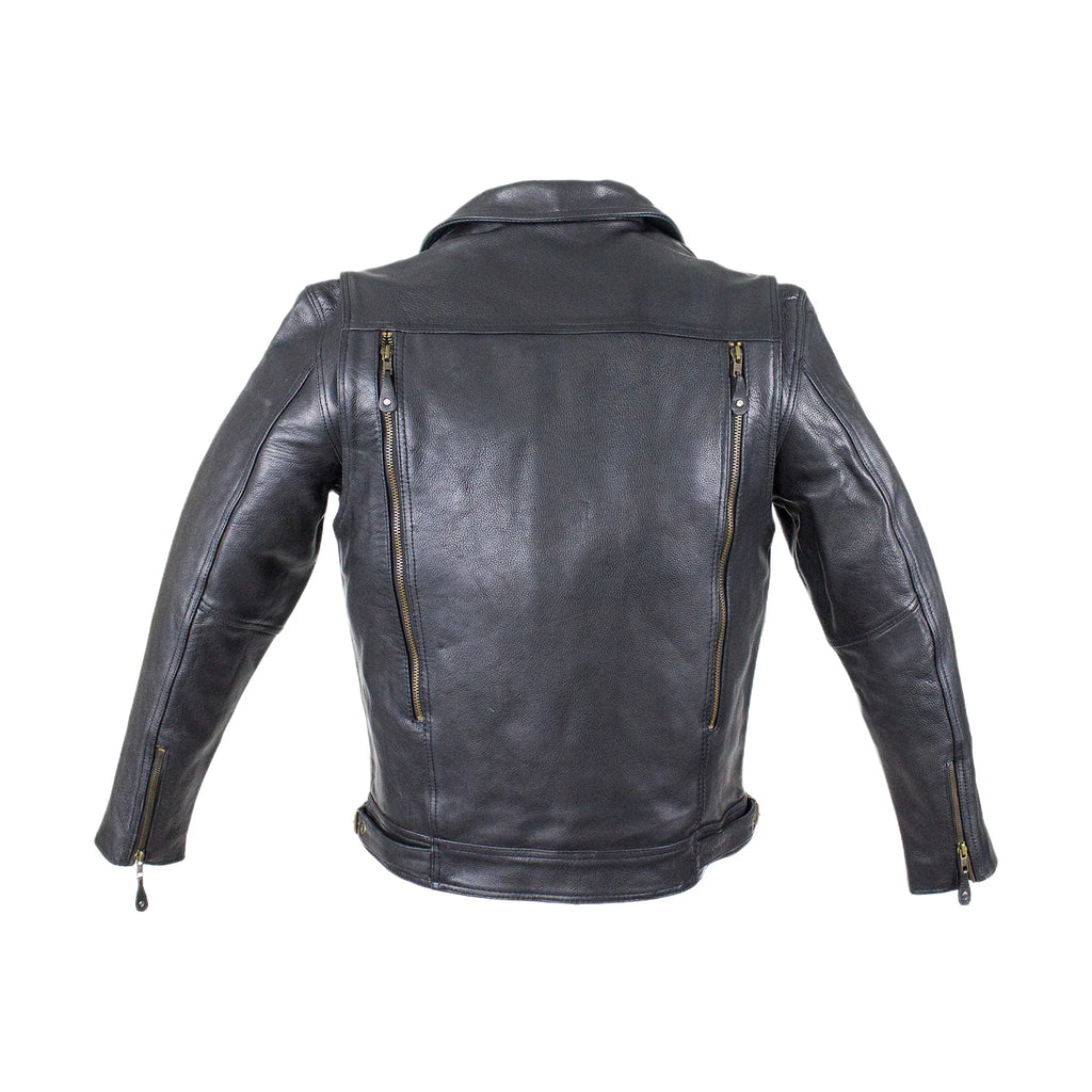 Mens Leather Racing Style Motorcycle Jacket Cowhide Snap Collar Adjustable