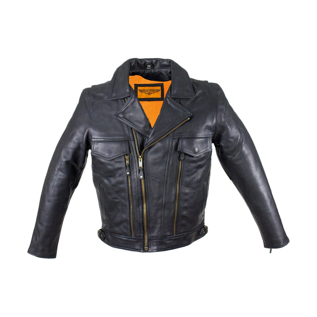 Mens Leather Racing Style Motorcycle Jacket Cowhide Snap Collar Adjustable