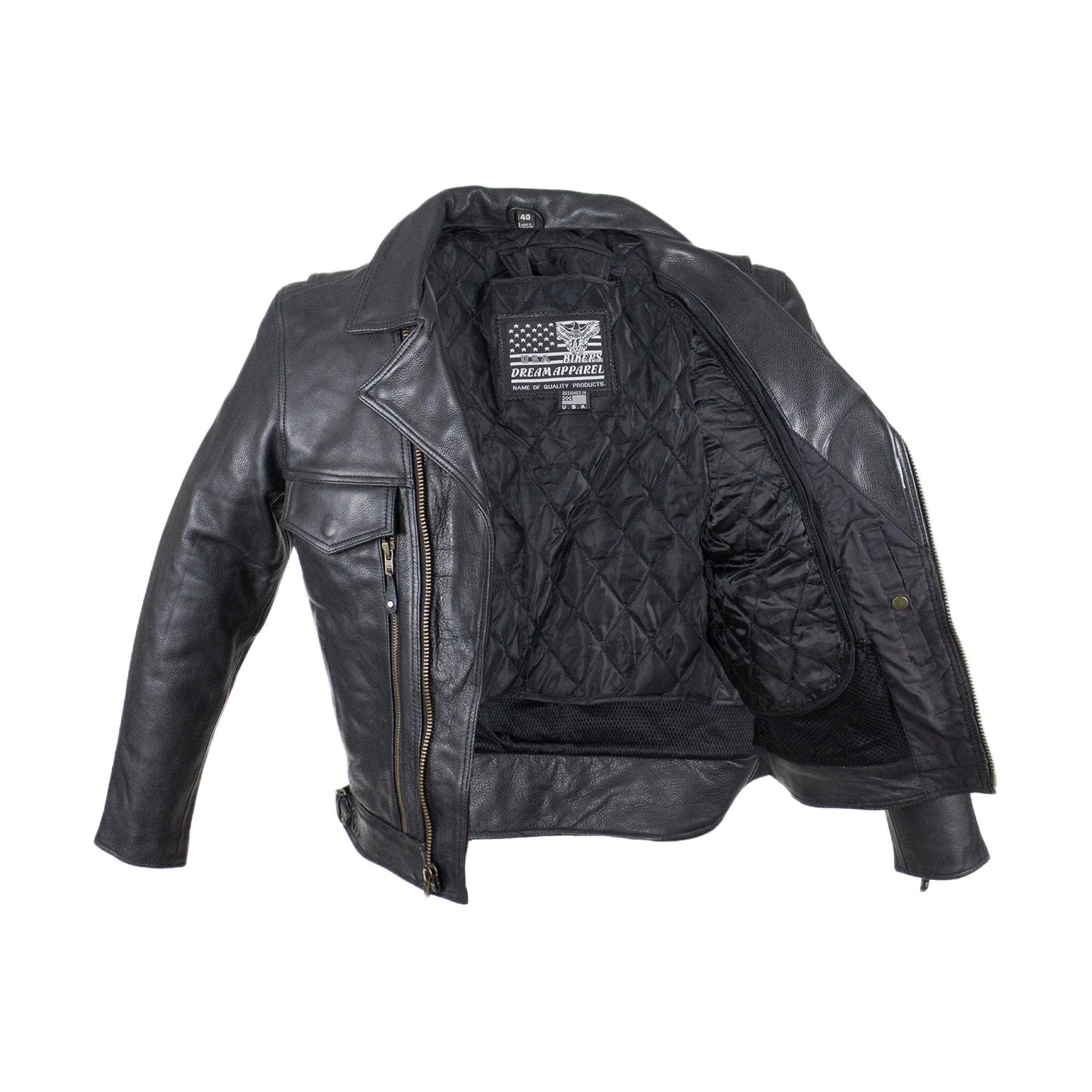 Mens Leather Racer Motorcycle Jacket Dream Apparel Zip Out Sleeves Air Vents