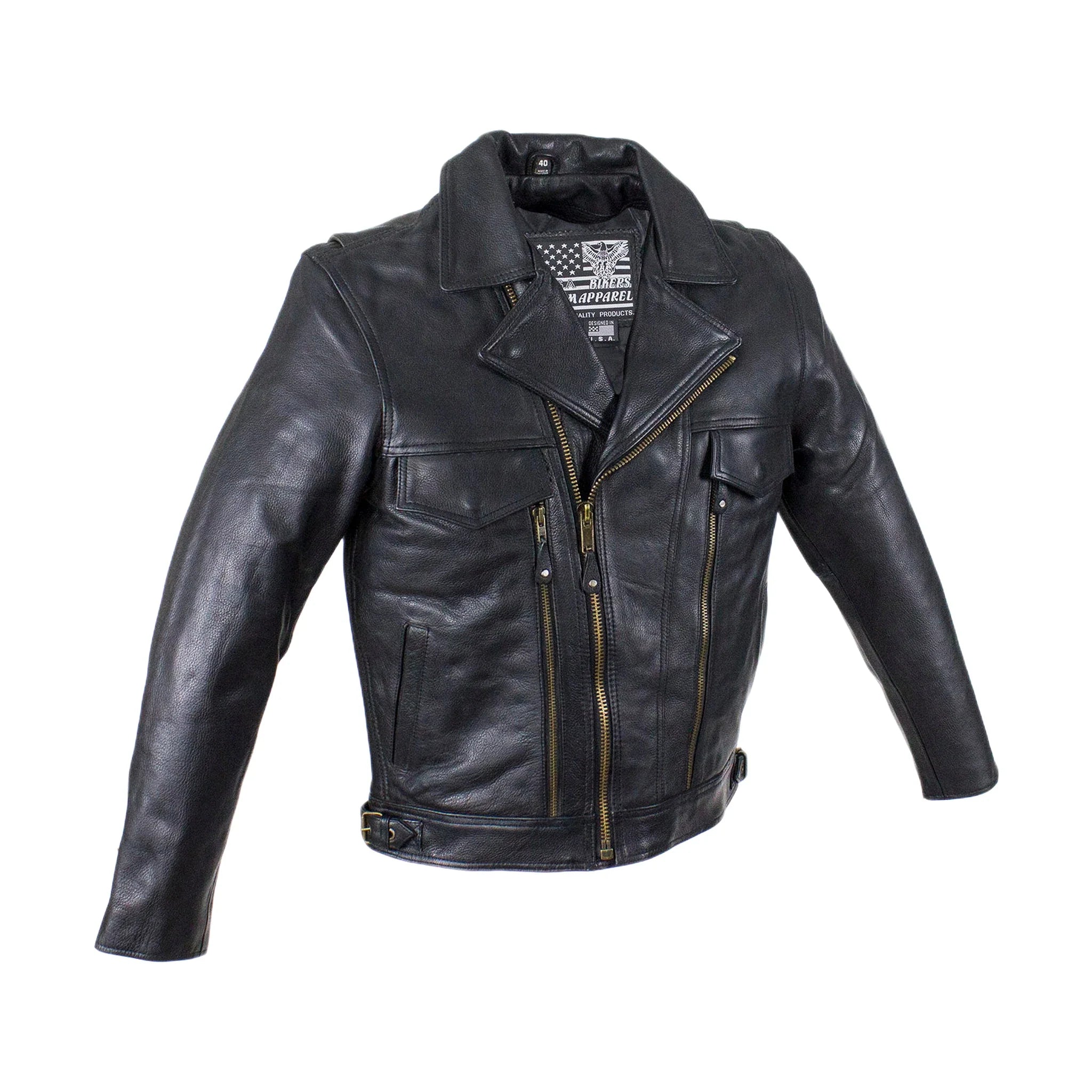 Mens Leather Racing Style Motorcycle Jacket Cowhide Snap Collar Adjustable