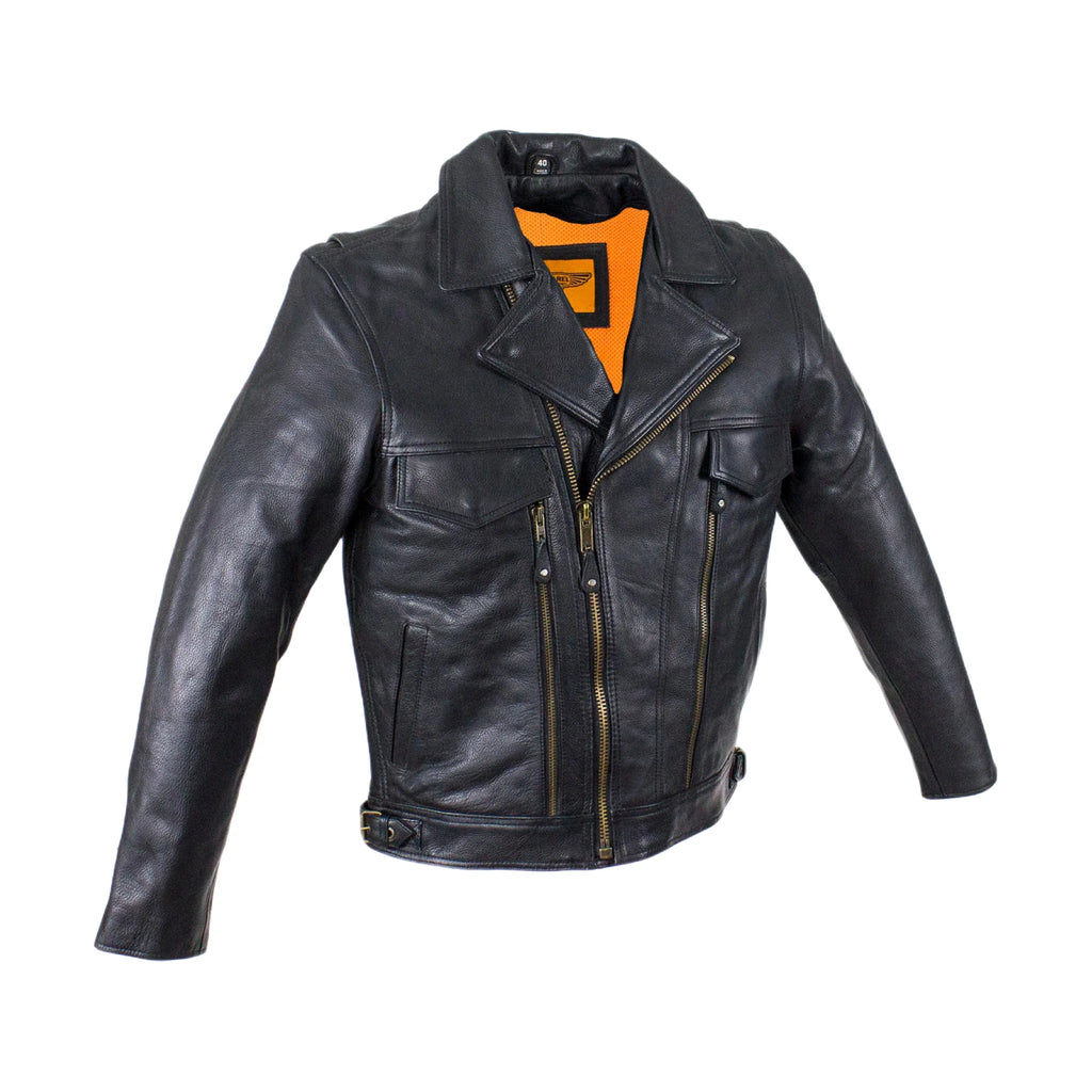 Mens Racer Jacket Genuine Cowhide Leather Zippered Cuffs Ventilated Pockets