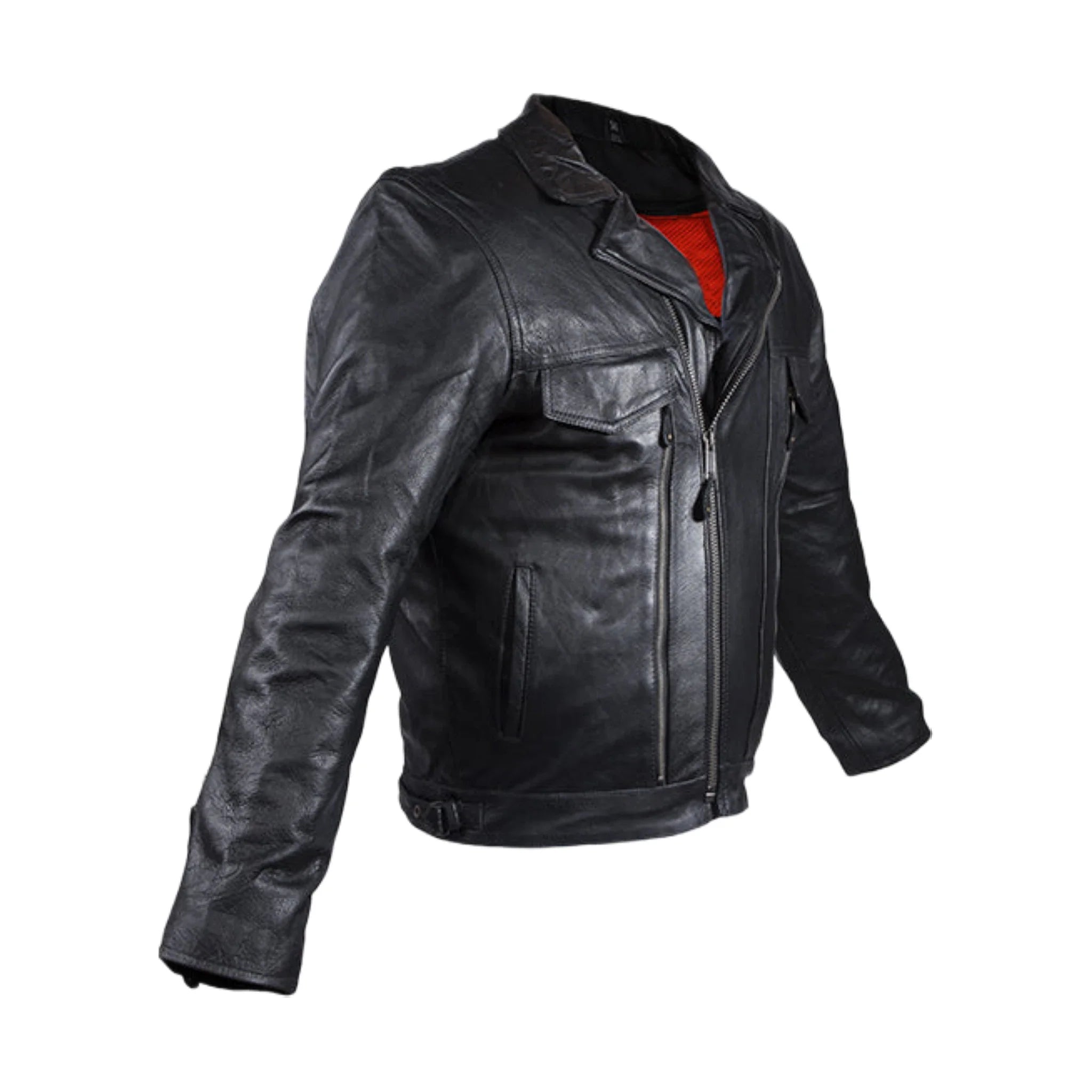 Mens Racer Leather Jacket Snap Down Collar ZO Lining Air Vents Multi Pocket