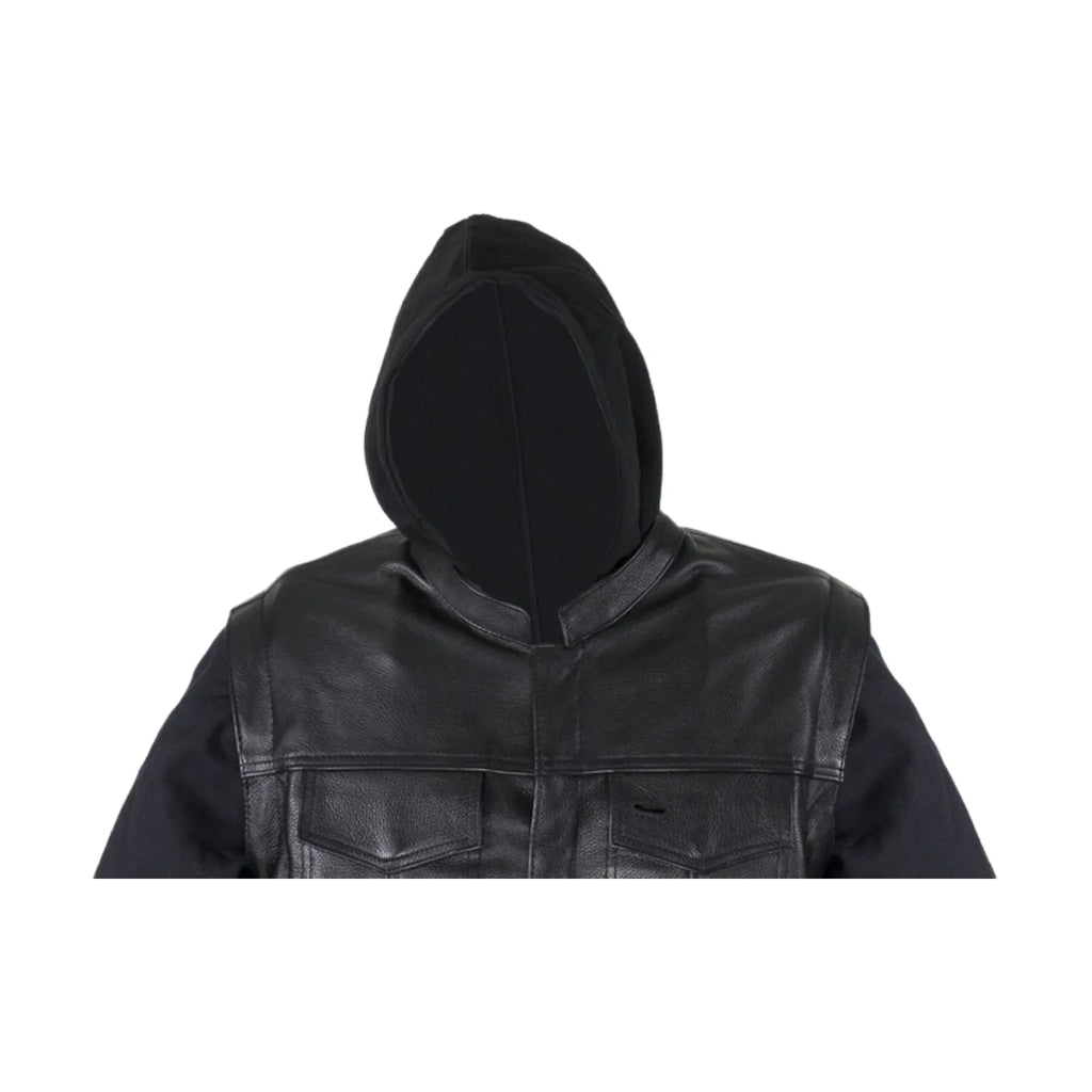 Black Leather Jacket Naked Cowhide Removable Canvas Sleeves Hoodie Concealed Gun