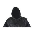 Black Leather Jacket Naked Cowhide Removable Canvas Sleeves Hoodie Concealed Gun