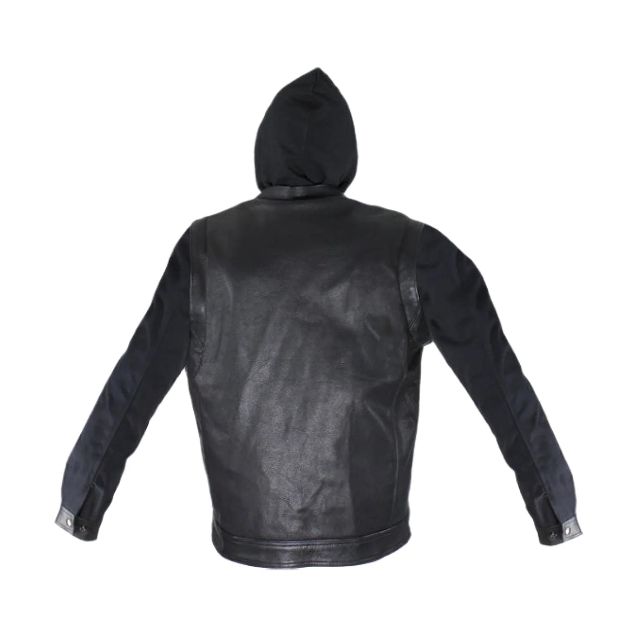 Black Leather Jacket Naked Cowhide Removable Canvas Sleeves Hoodie Concealed Gun