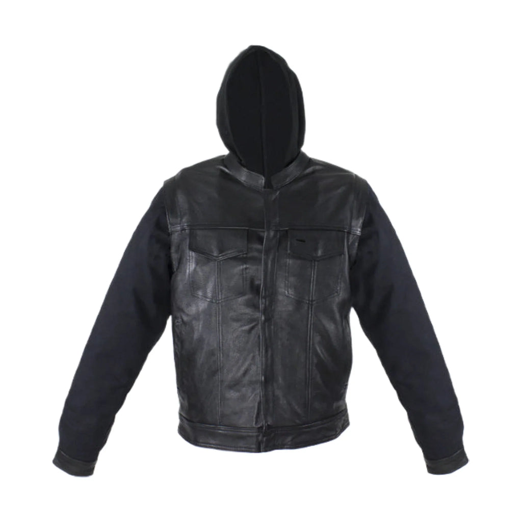 Black Leather Jacket Naked Cowhide Removable Canvas Sleeves Hoodie Concealed Gun