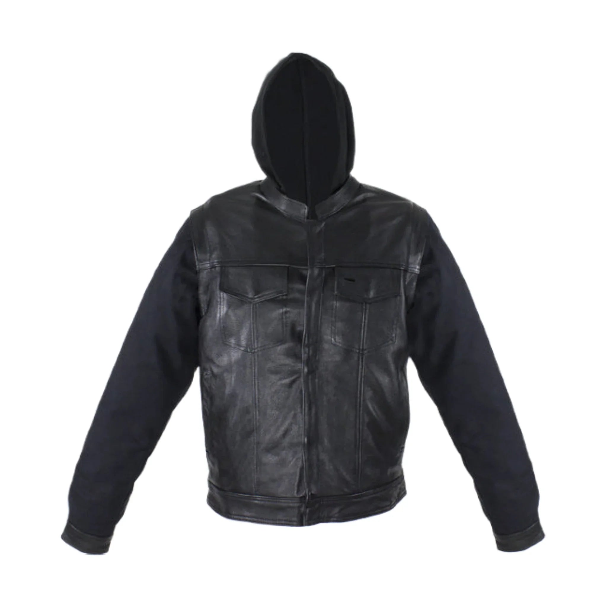 Black Leather Jacket Naked Cowhide Removable Canvas Sleeves Hoodie Concealed Gun