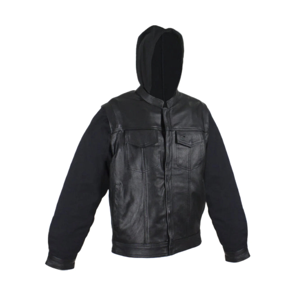 Black Leather Jacket Naked Cowhide Removable Canvas Sleeves Hoodie Concealed Gun Pockets