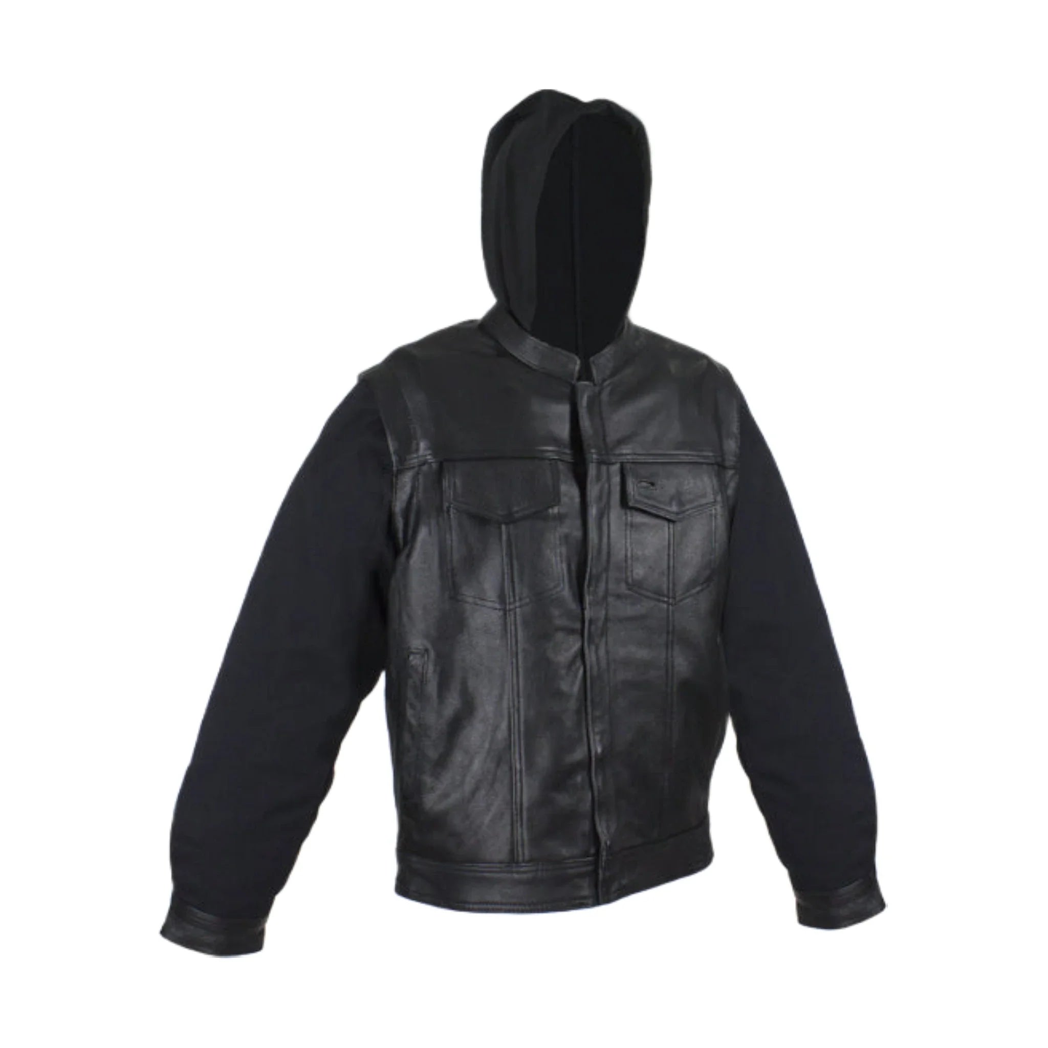 Black Leather Jacket Naked Cowhide Removable Canvas Sleeves Hoodie Concealed Gun Pockets
