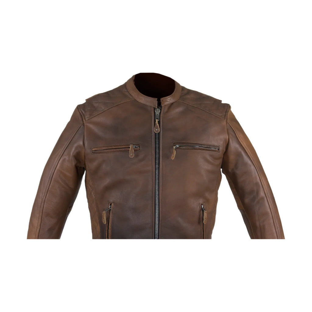 Men's Brown Naked Cowhide Leather Diamond Jacket Racing Collar Zippered Pockets