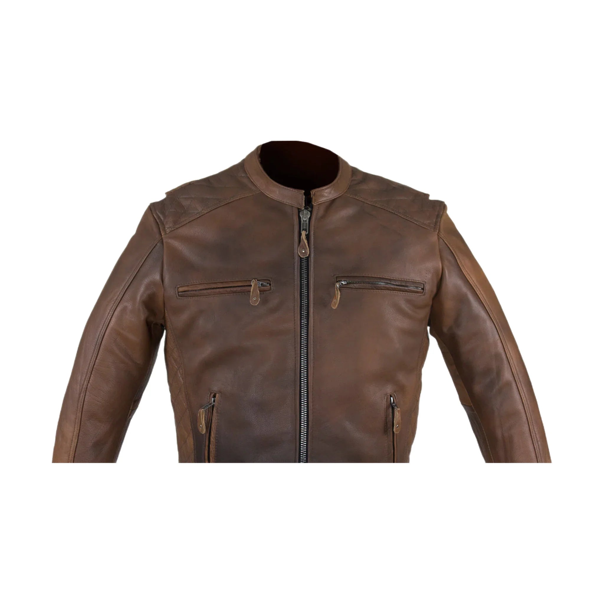 Men's Brown Naked Cowhide Leather Diamond Jacket Racing Collar Zippered Pockets