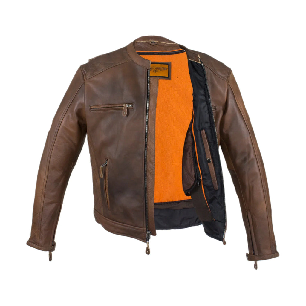 Men's Brown Naked Cowhide Leather Diamond Jacket Racing Collar Zippered Pockets