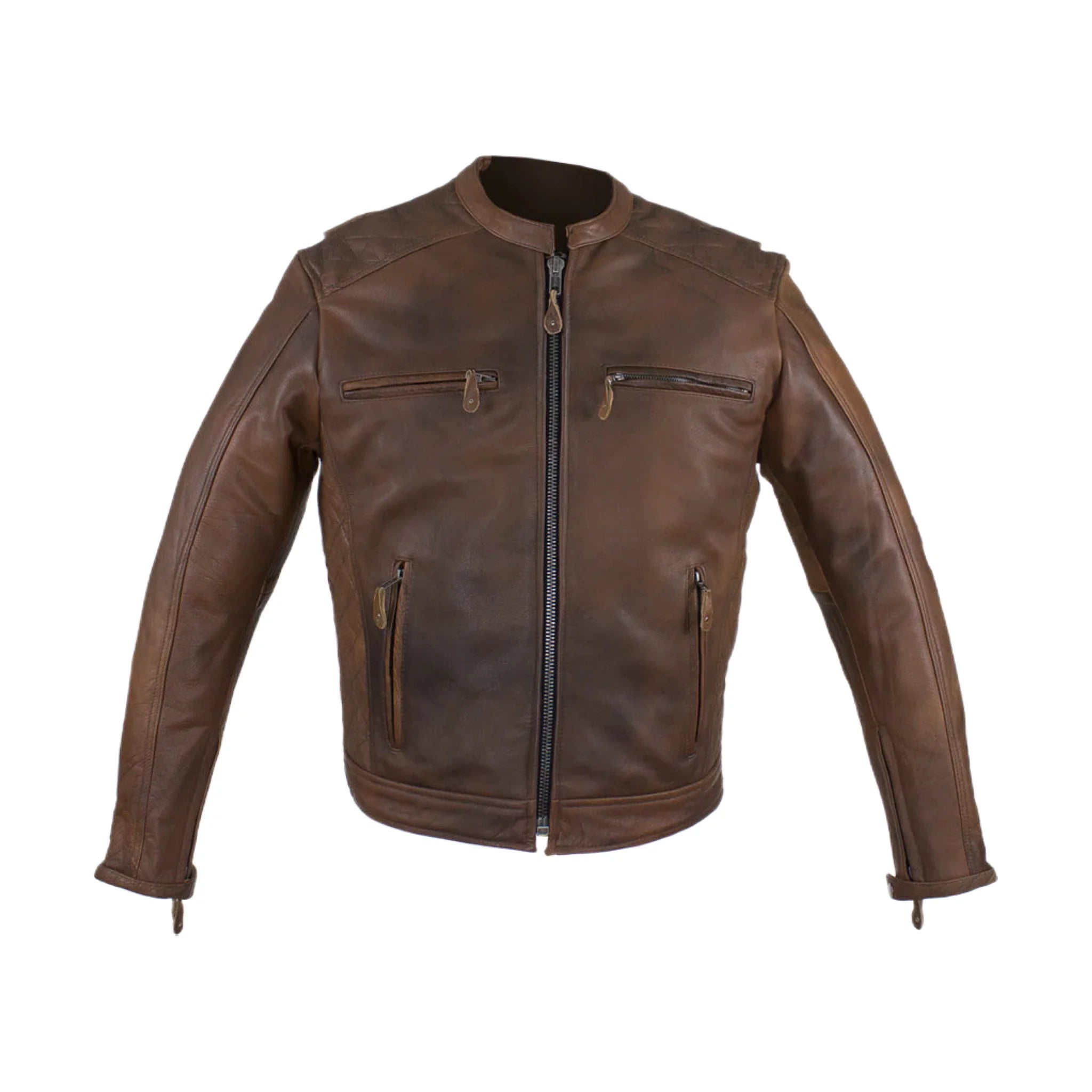 Men's Brown Naked Cowhide Leather Diamond Jacket Racing Collar Zippered Pockets