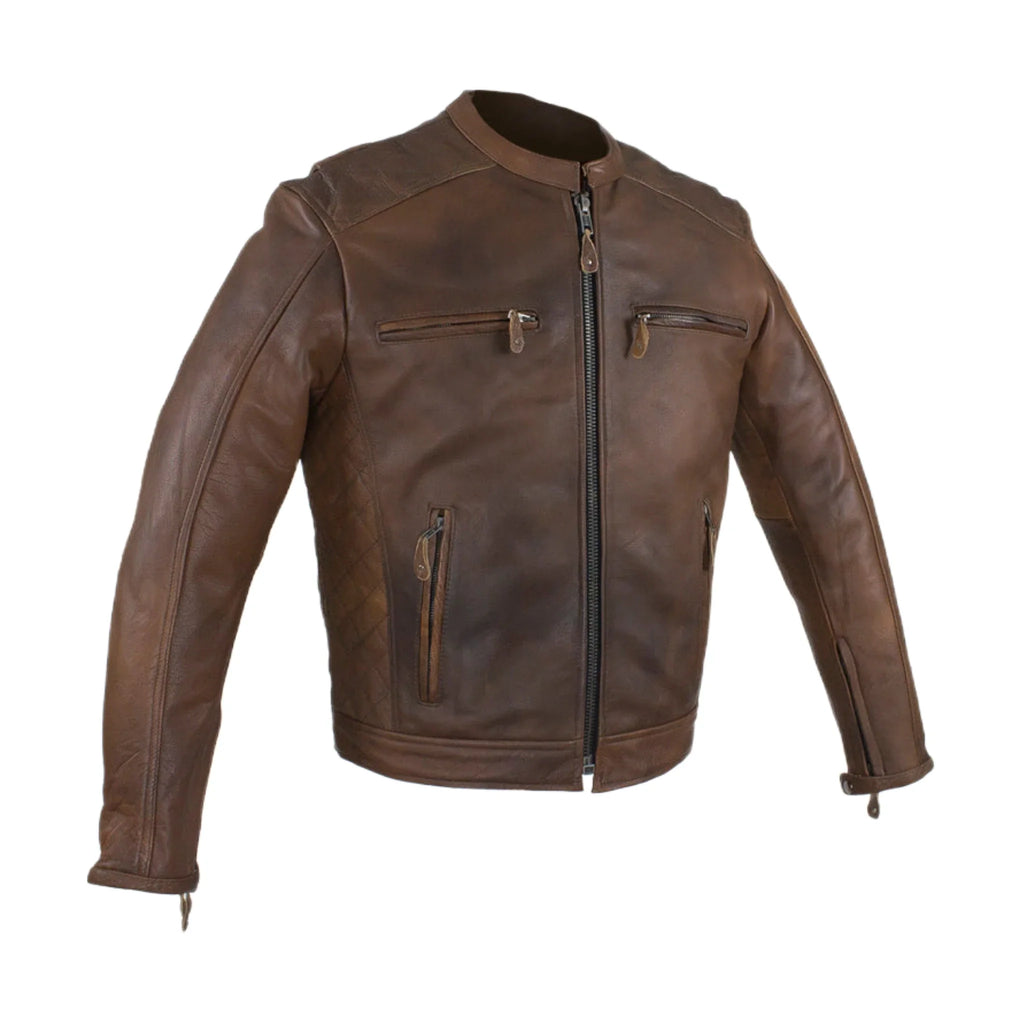 Men's Brown Naked Cowhide Leather Diamond Jacket Racing Collar Zippered Pockets