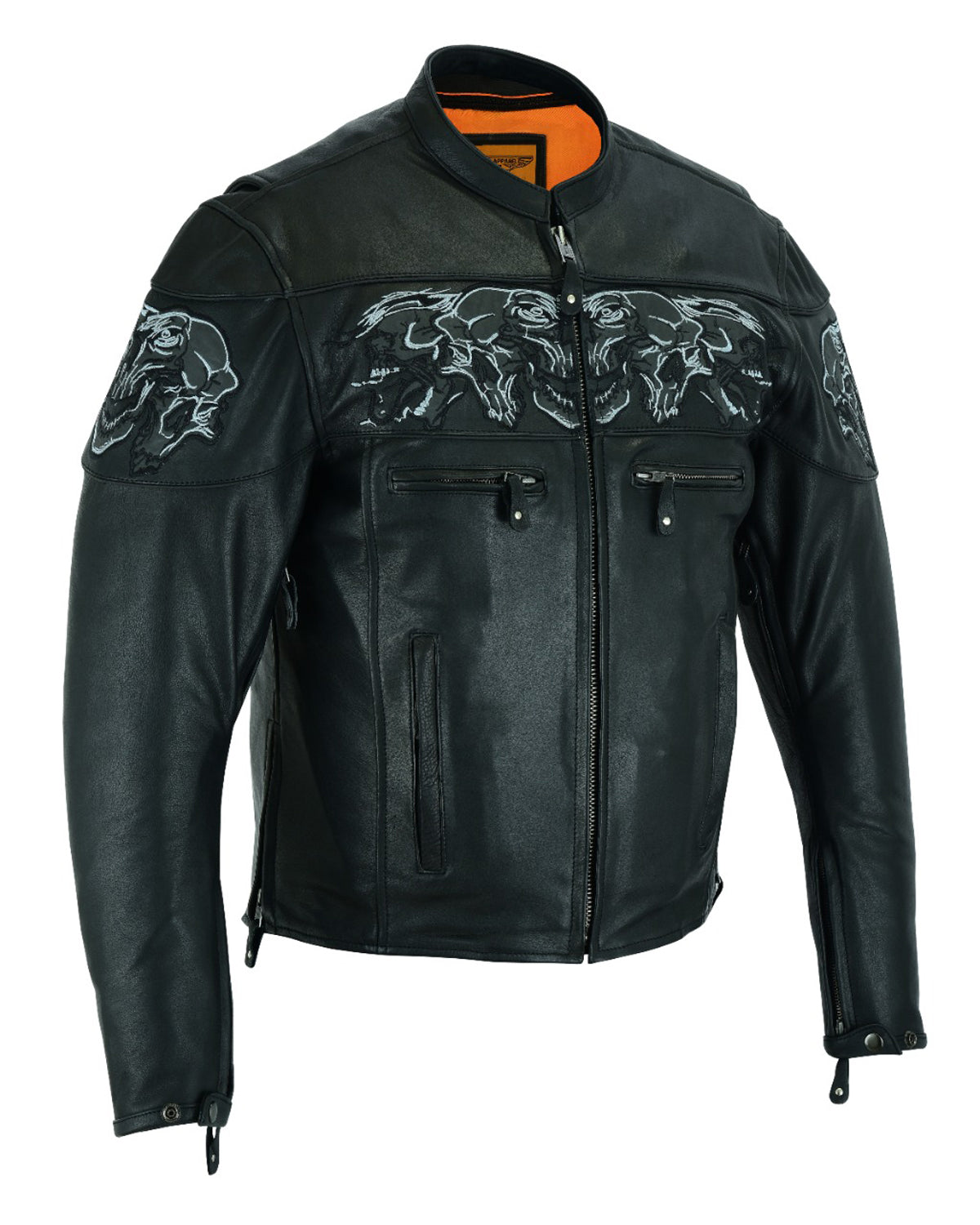Men's Leather Concealed Carry Racing Jacket Reflective Skulls Cowhide Heavy Duty