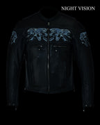 Men's Leather Concealed Carry Racing Jacket Reflective Skulls Cowhide Heavy Duty