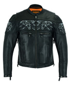 Men's Leather Concealed Carry Racing Jacket Reflective Skulls Cowhide Heavy Duty