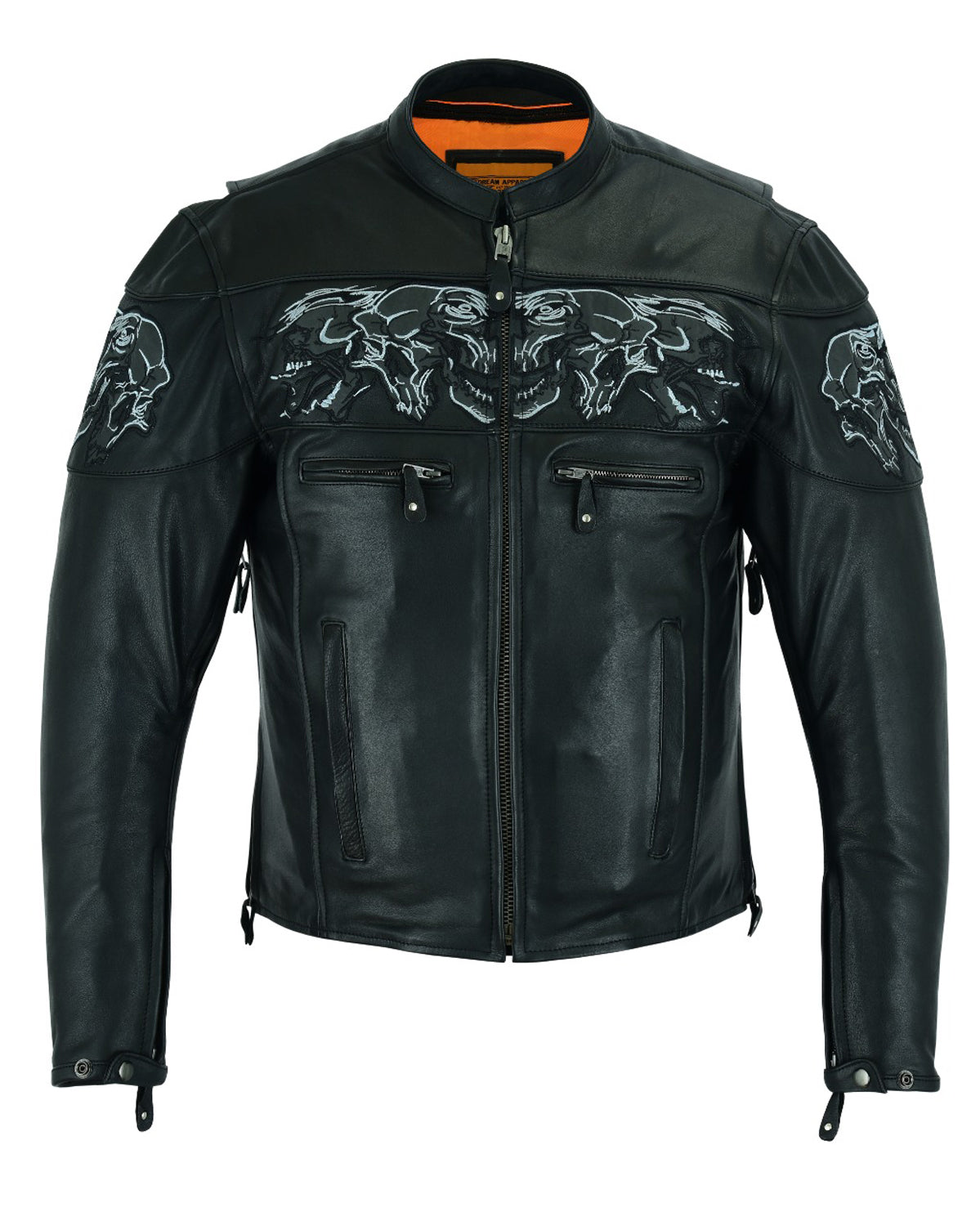 Men's Leather Concealed Carry Racing Jacket Reflective Skulls Cowhide Heavy Duty