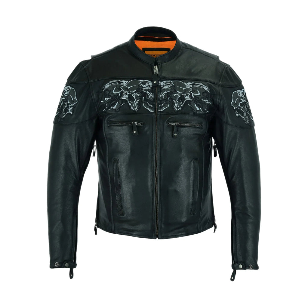 Men's Leather Concealed Carry Racing Jacket Reflective Skulls Zip-Out Liner