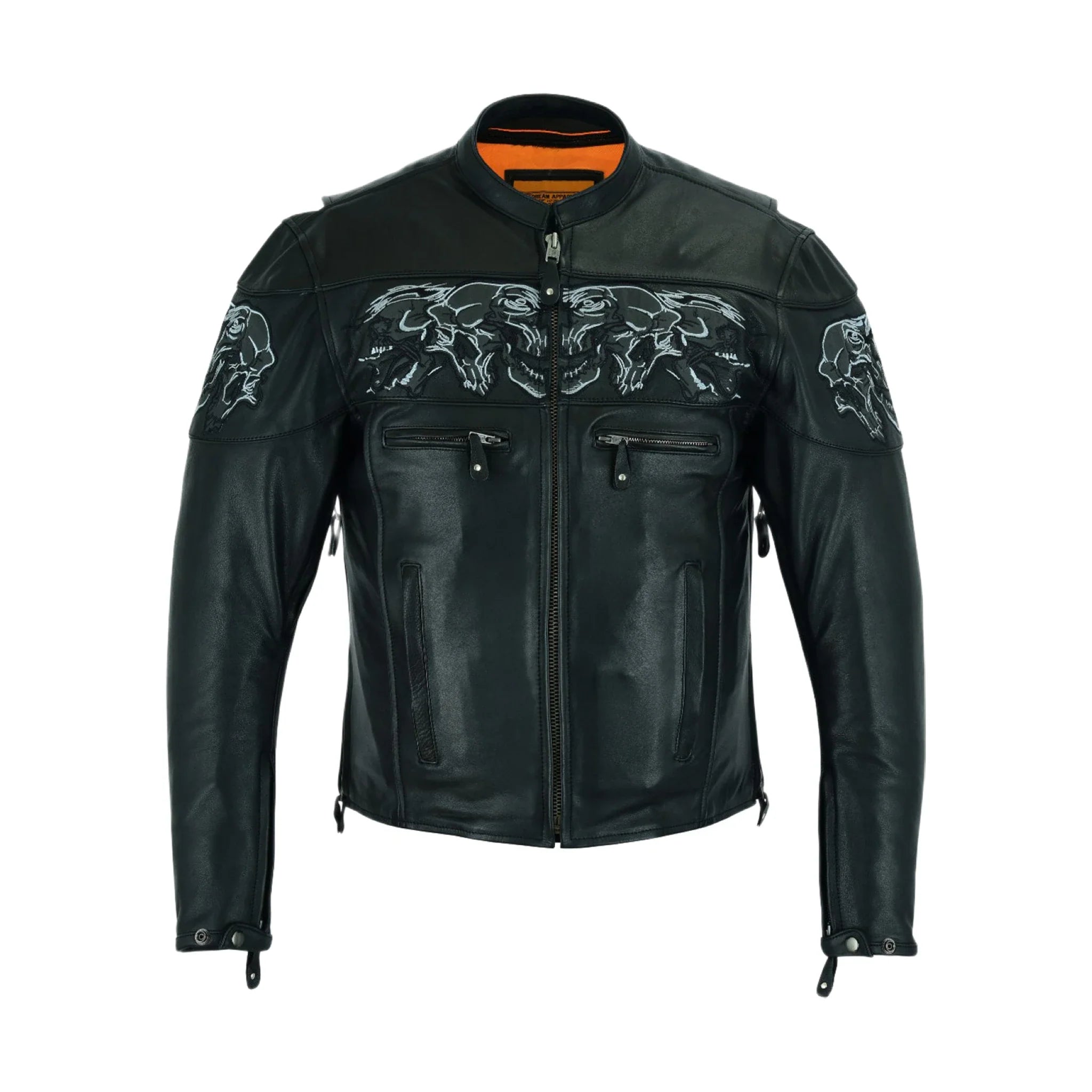 Men's Leather Concealed Carry Racing Jacket Reflective Skulls Zip-Out Liner