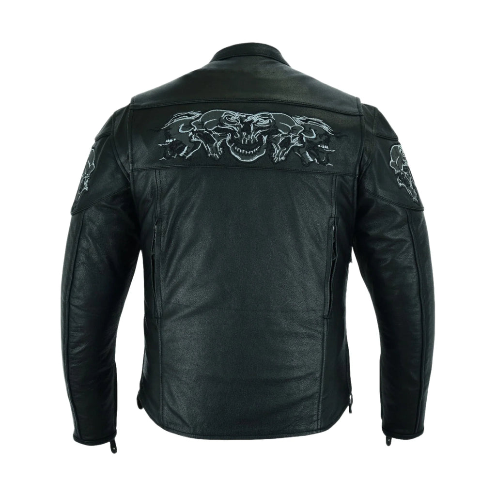 Men's Leather Concealed Carry Racing Jacket Reflective Skulls Zip-Out Liner