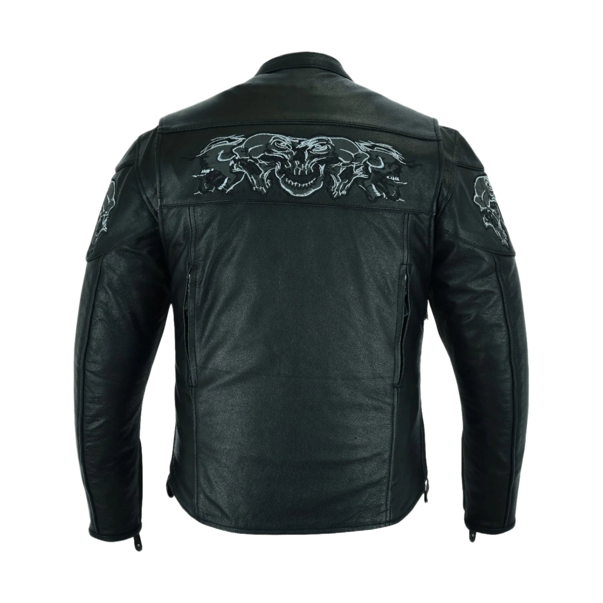Men's Leather Concealed Carry Racing Jacket Reflective Skulls Zip-Out Liner