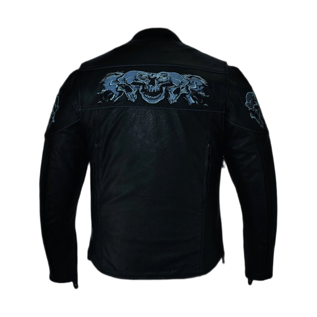 Men's Leather Concealed Carry Racing Jacket Reflective Skulls Zip-Out Liner