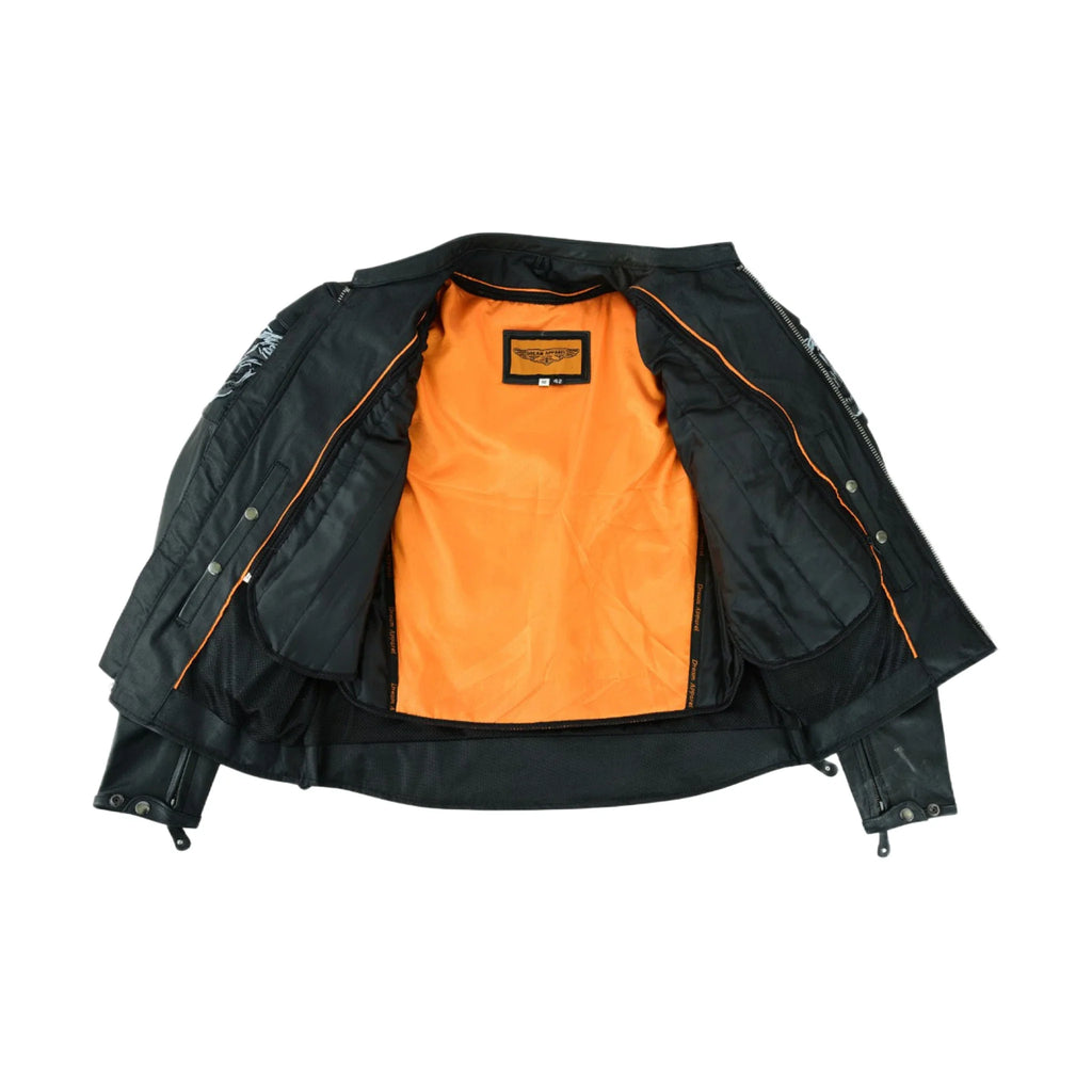 Men's Leather Concealed Carry Racing Jacket Reflective Skulls Zip-Out Liner