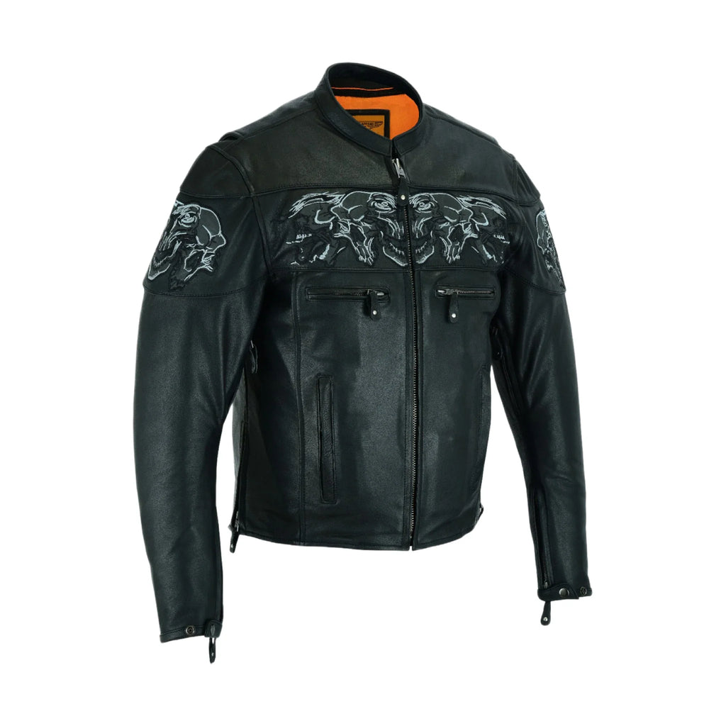 Men's Leather Concealed Carry Racing Jacket Reflective Skulls Zip-Out Liner