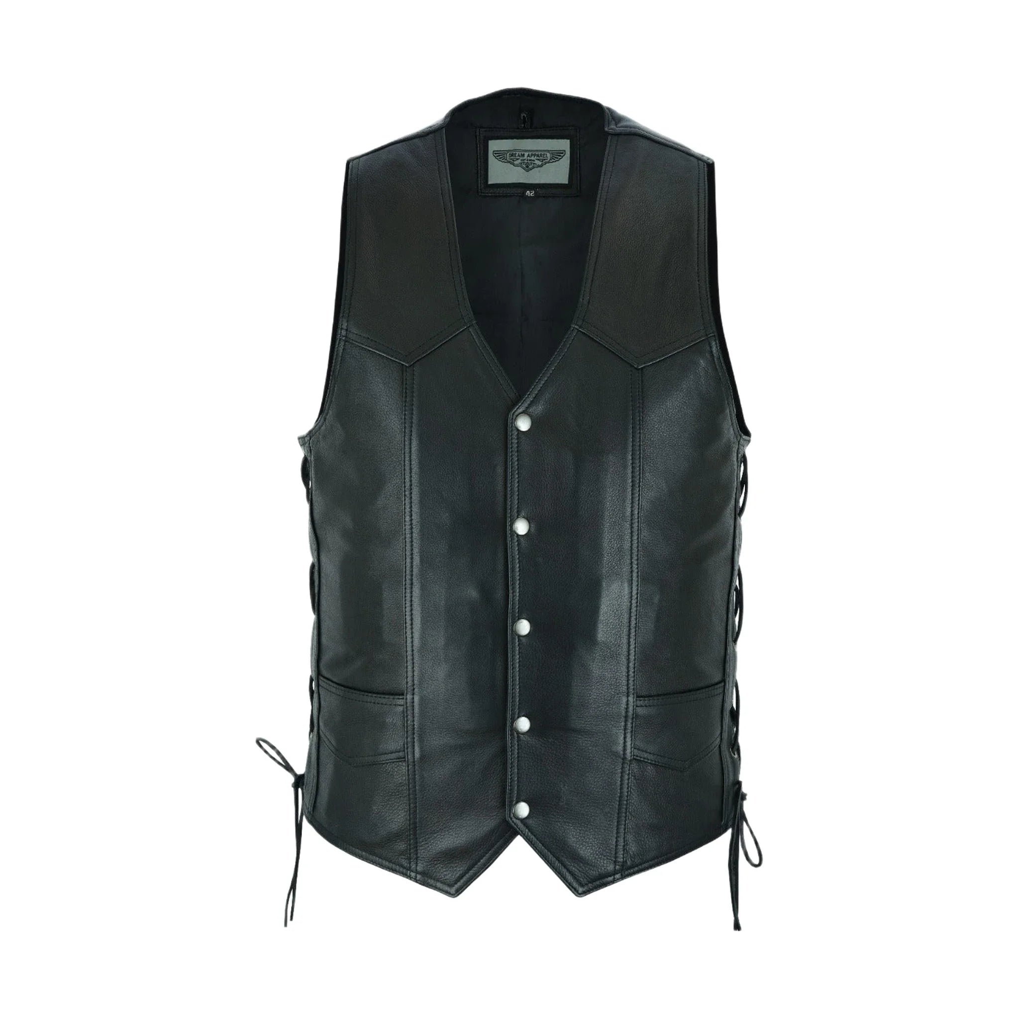 Mens Heavy Duty Leather Vest Side Laces Front Snap Pockets Adjustable Fit