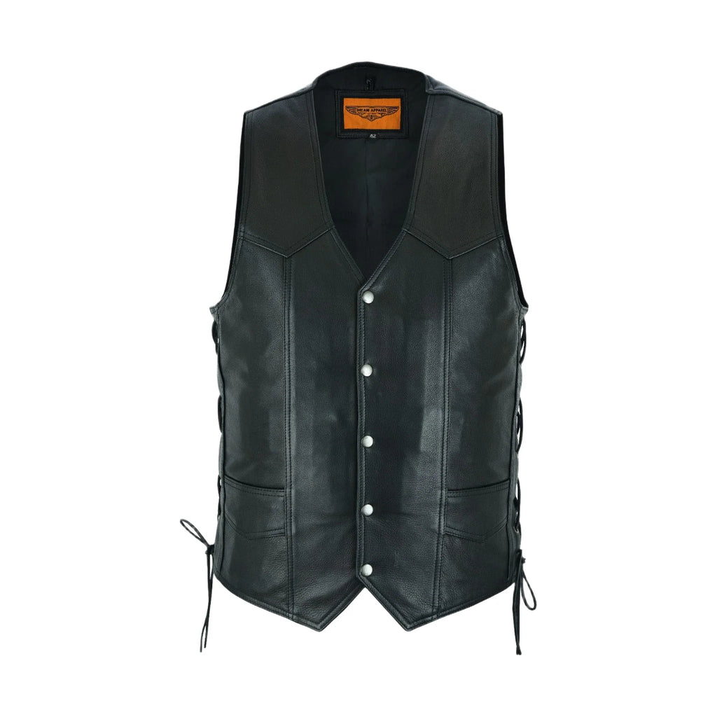 Mens Leather Vest With Concealed Carry inside Pockets Side Laces