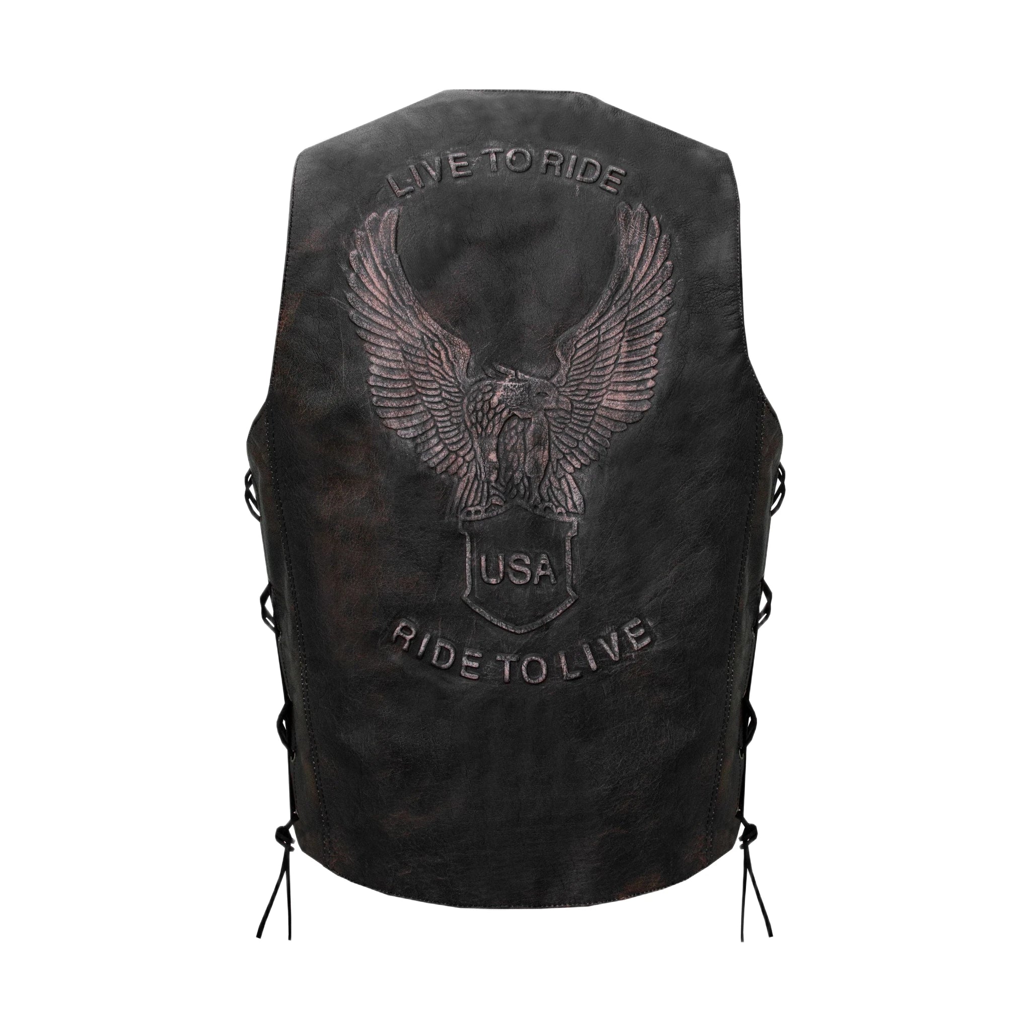 Dream Apparel Men's Distressed Brown Vest, Side Laces with Emboss Eagle, Live to Ride, Ride to Live