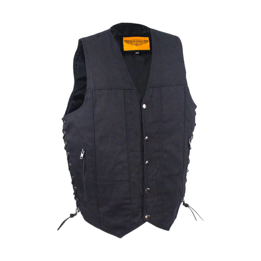 Men's Black Denim Motorcycle Vest Dream Apparel Concealed Gun Pockets Side Laces