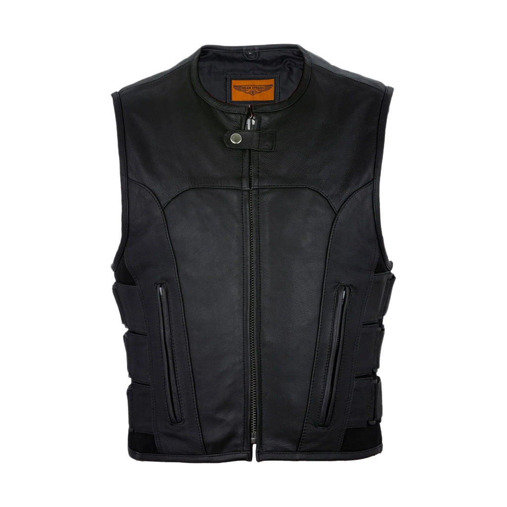 Mens Motorcycle Leather Vest With Neoprene Sides
