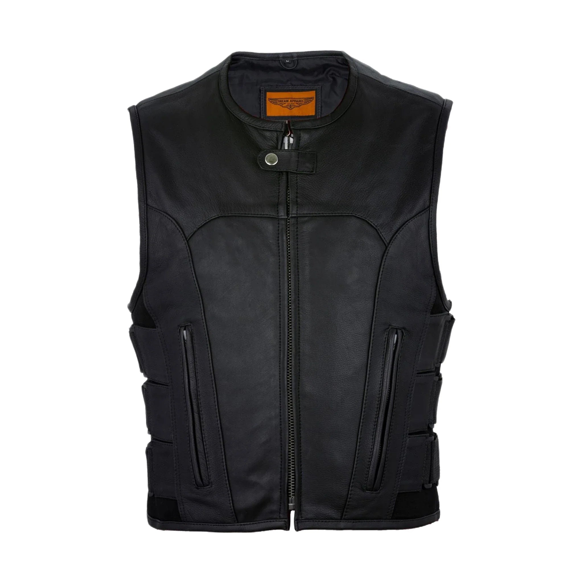 Mens Motorcycle Leather Vest With Neoprene Sides