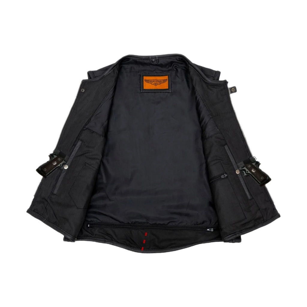 Mens Motorcycle Leather Vest With Neoprene Sides