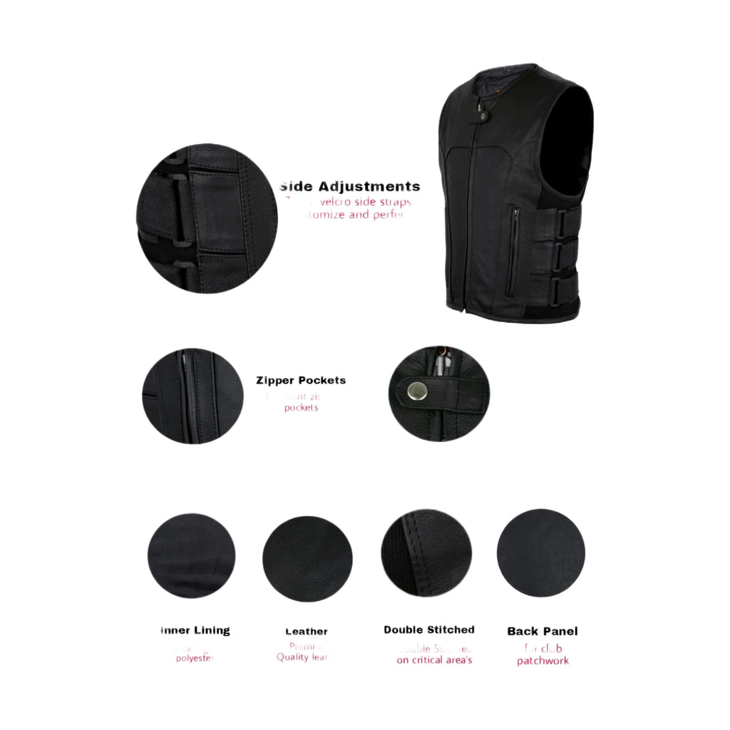 Mens Motorcycle Leather Vest With Neoprene Sides