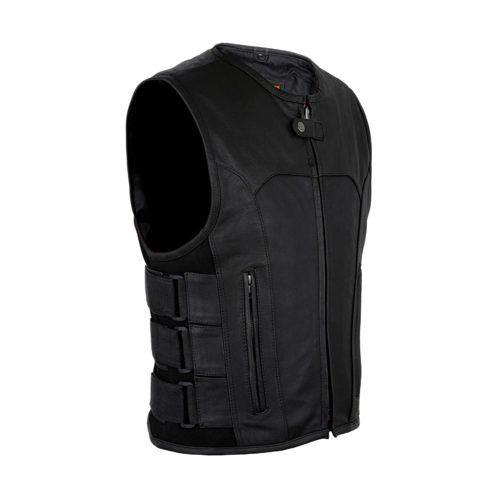 Mens Motorcycle Leather Vest Naked Cowhide Neoprene Sides Adjustable Fit