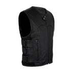 Mens Motorcycle Leather Vest Naked Cowhide Neoprene Sides Adjustable Fit